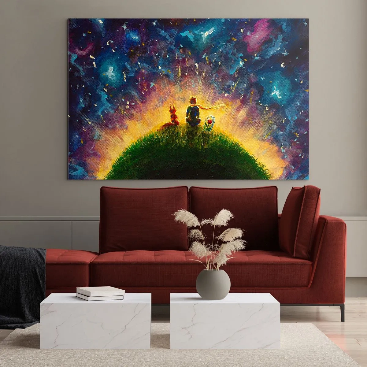 Obraz na szkle - Postać z lisem na planecie pod gwiaździstym niebem - 70x50cm - Miłość i przyjaźń - cały świat - Nowoczesna dekoracja ścienna do salonu i sypialni ARTTOR