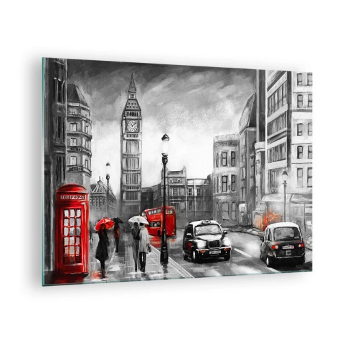 Obraz na szkle - Big Ben i ulice Londynu z czerwonymi akcentami na szarym tle - 70x50cm - Wcale nie szare miasto - Nowoczesna dekoracja ścienna do salonu i sypialni ARTTOR