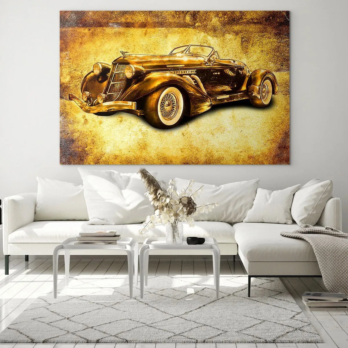 Obraz na szkle - Zabytkowy samochód kabriolet na tle w stylu vintage - 70x50cm - Elita elit - Nowoczesna dekoracja ścienna do salonu i sypialni ARTTOR
