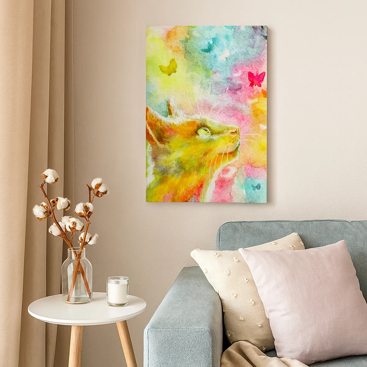 Obraz na płótnie - Kolorowy kot wśród motyli w akwarelowym stylu - 50x70cm - Baju-baju w kocim raju - Nowoczesna dekoracja ścienna do salonu, kuchni i sypialni ARTTOR