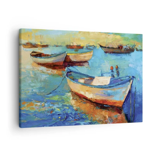 Obraz na płótnie - Kolorowe łodzie zacumowane na spokojnej wodzie - 70x50cm - W południowej zatoce - Nowoczesna dekoracja ścienna do salonu i sypialni ARTTOR