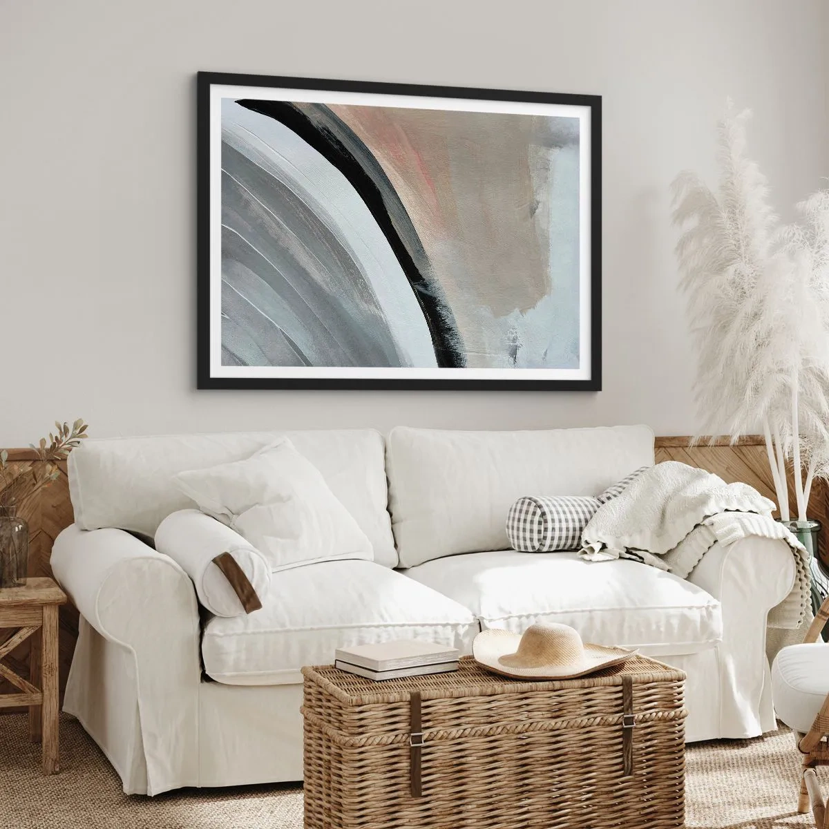 Plakat w czarnej ramie - Abstrakcyjny łuk w odcieniach czerni, szarości i beżu - 70x50cm - Kompozycja: łuk czerni i szarości - Nowoczesna dekoracja ścienna do salonu i sypialni ARTTOR