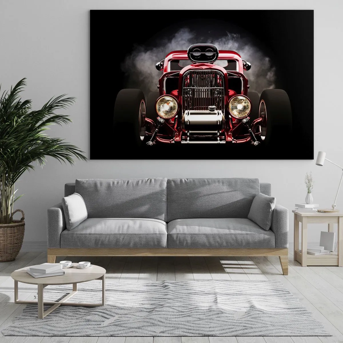 Obraz na szkle - Czerwony hot rod w gęstym dymie - 120x80cm - Szybki i wściekle piękny - Nowoczesna dekoracja ścienna do salonu, kuchni i sypialni ARTTOR