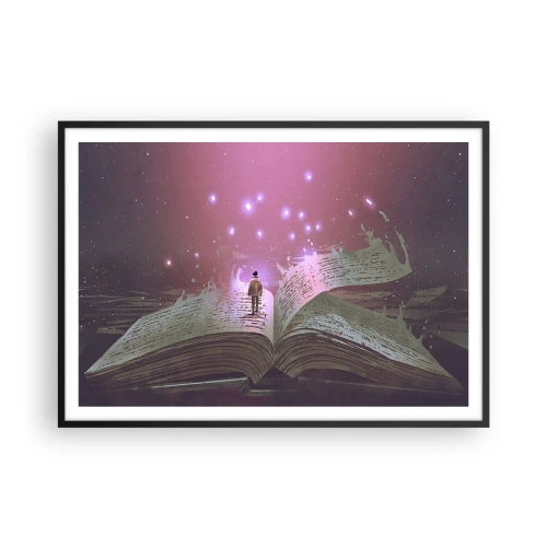 Plakat w czarnej ramie - Postać wchodząca na otwartą książkę w magicznym świetle - 100x70cm - Zaproszenie do innego świata - przeczytaj! - Nowoczesna dekoracja ścienna do salonu i sypialni ARTTOR