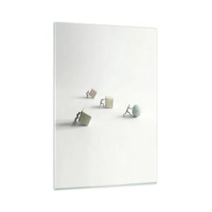 Obraz na szkle - Miniaturowe postacie pchające kształty na jasnym tle - 80x120cm - Samo życie - Nowoczesna dekoracja ścienna do salonu i sypialni ARTTOR