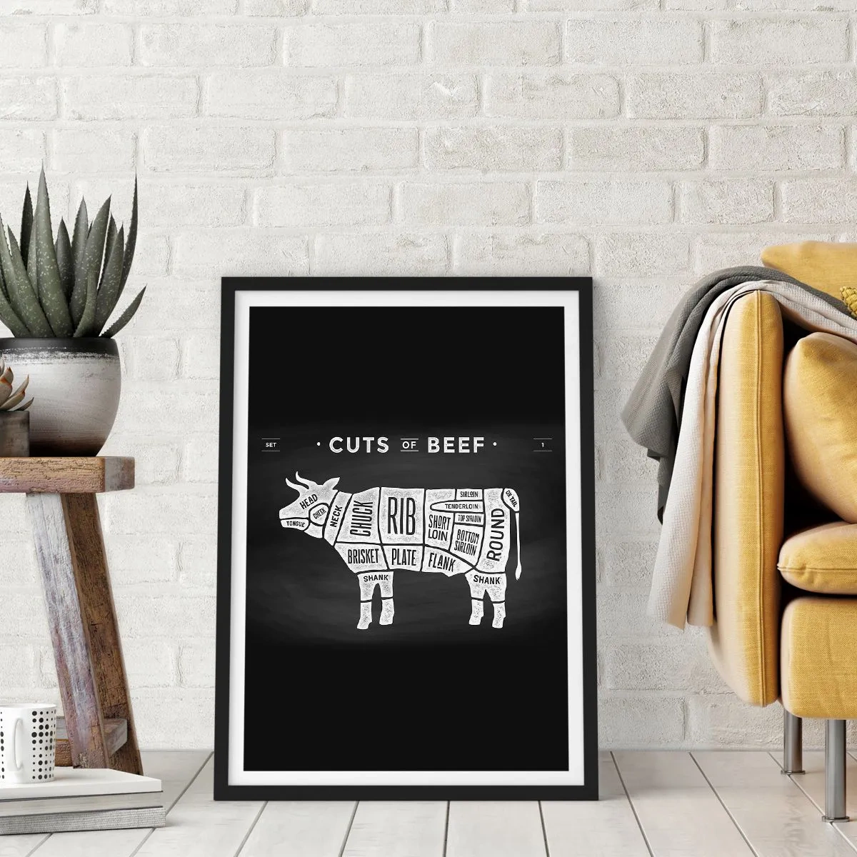 Plakat w czarnej ramie - Schemat cięć wołowych na czarnym tle w stylu retro - 50x70cm - Elementarz masarza - Nowoczesna dekoracja ścienna do salonu i sypialni ARTTOR