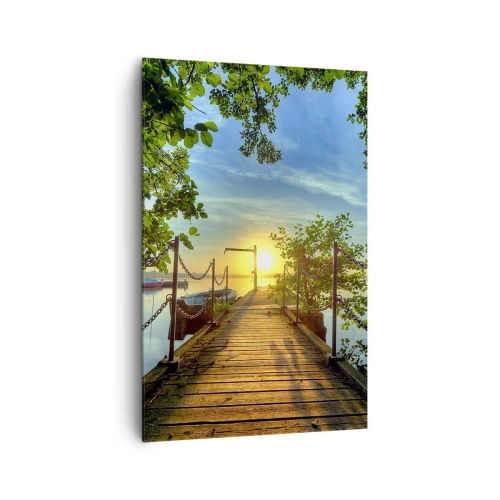 Obraz na płótnie - Pomost nad jeziorem w promieniach zachodu słońca - 80x120cm - Zachód nad wodą - Nowoczesna dekoracja ścienna do salonu i sypialni ARTTOR