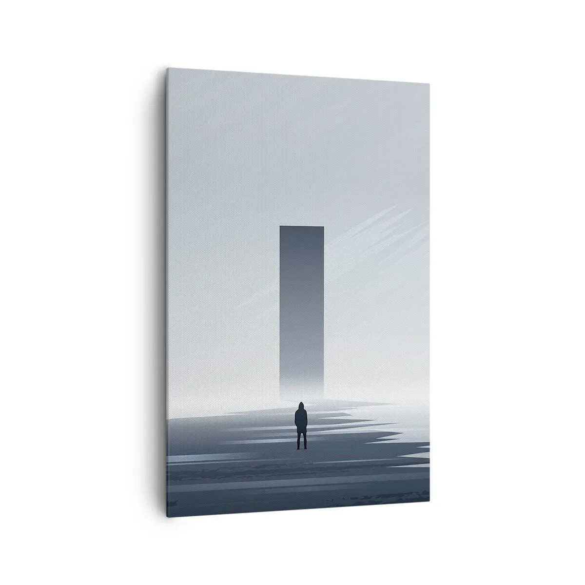 Obraz na płótnie - Minimalistyczny pejzaż z sylwetką przy prostokątnym monolicie - 80x120cm - Szansa czy zagrożenie? - Nowoczesna dekoracja ścienna do salonu i sypialni ARTTOR