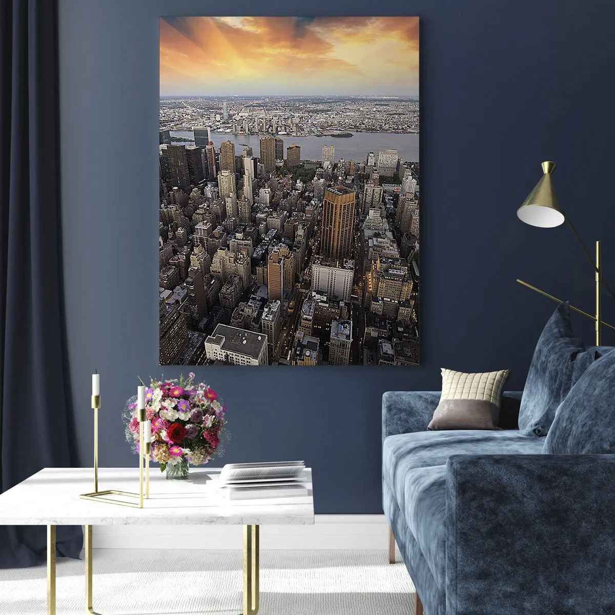 Obraz na szkle - Panorama miasta z widokiem na wieżowce o zachodzie słońca - 50x70cm - Bijące serce naszych czasów - Nowoczesna dekoracja ścienna do salonu, kuchni i sypialni ARTTOR