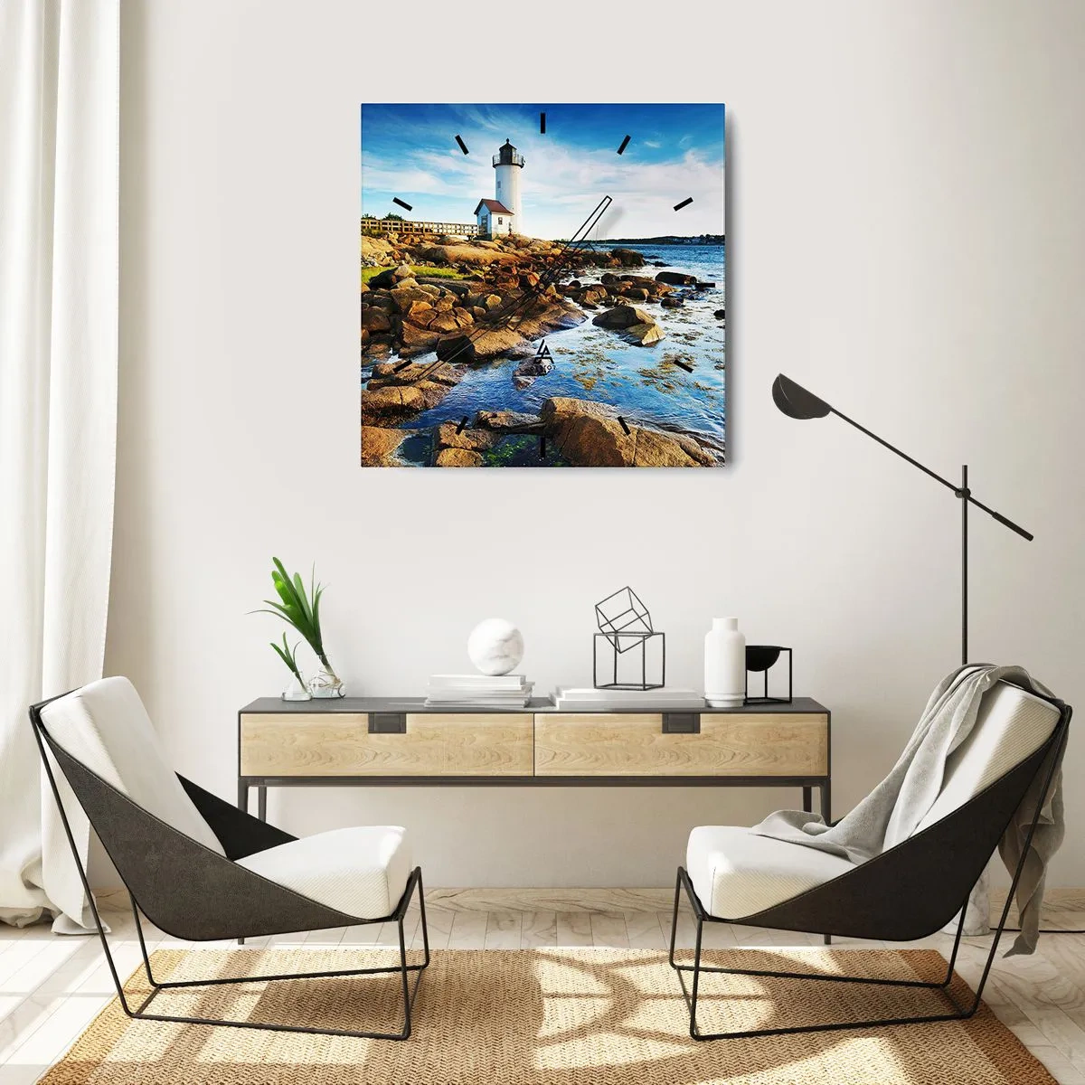 Zegar ścienny - Latarnia morska na skalistym wybrzeżu w słoneczny dzień - 30x30cm - Wracajcie szczęśliwie, czekam - Nowoczesna dekoracja ścienna do salonu i sypialni ARTTOR