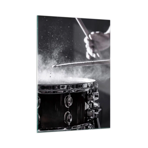 Obraz na szkle - Perkusja w ruchu z unoszącym się pudrem - 50x70cm - Puls muzyki - Nowoczesna dekoracja ścienna do salonu, kuchni i sypialni ARTTOR