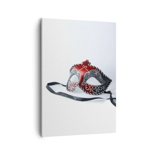 Obraz na płótnie - Czerwona maska karnawałowa z brokatem na białym tle - 50x70cm - Zaproszenie na bal - Nowoczesna dekoracja ścienna do salonu, kuchni i sypialni ARTTOR