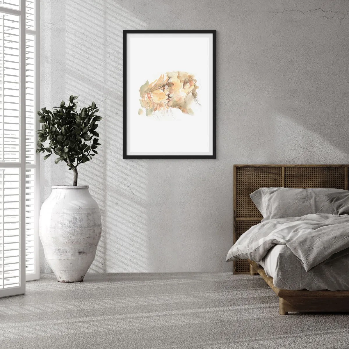 Plakat w czarnej ramie - Delikatny akwarelowy portret pary w czułym pocałunku - 50x70cm - Odnaleziona połowa? - Nowoczesna dekoracja ścienna do salonu i sypialni ARTTOR