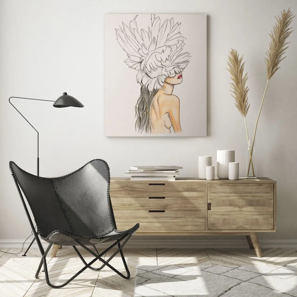 Obraz na szkle - Rysunek kobiety z długimi włosami i koroną z dużych piór - 50x70cm - Piękność ukoronowana - Nowoczesna dekoracja ścienna do salonu, kuchni i sypialni ARTTOR