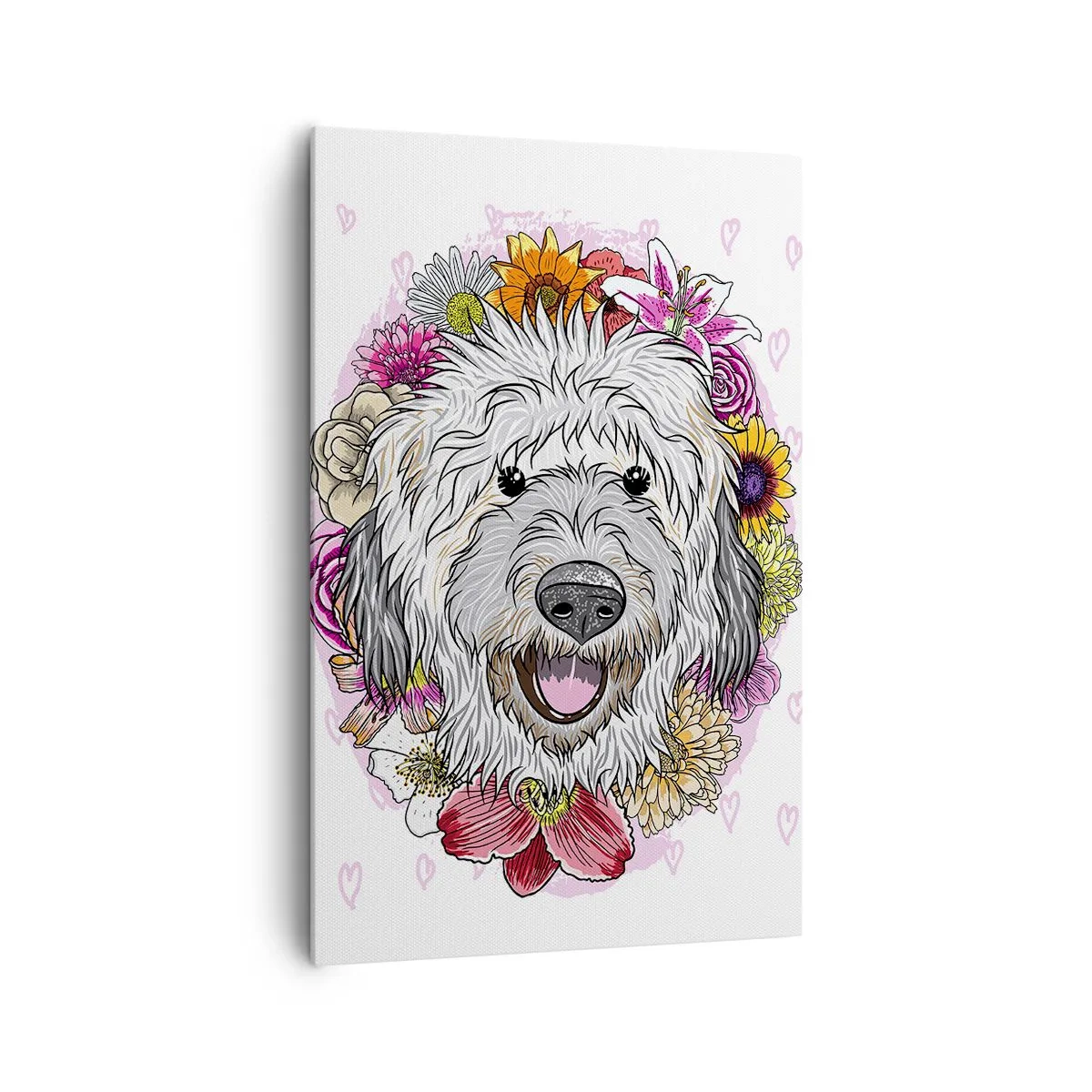 Obraz na płótnie - Pies w otoczeniu kolorowych kwiatów - 80x120cm - Szczenięca radość - Nowoczesna dekoracja ścienna do salonu i sypialni ARTTOR