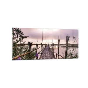 Obraz na szkle - Bambusowy most na wodzie o świcie - 120x50cm - Spokój i cisza Azji - Nowoczesna dekoracja ścienna do salonu i sypialni ARTTOR
