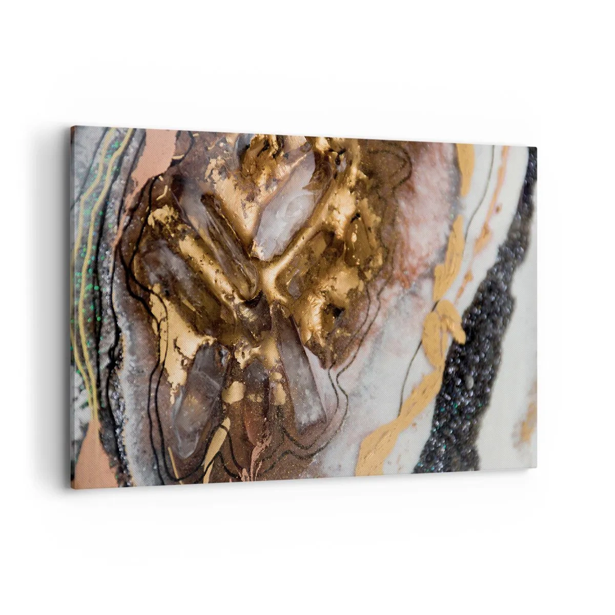 Obraz na płótnie - Abstrakcyjna kompozycja z elementami złota i kryształów - 100x70cm - Żywioł ziemi - Nowoczesna dekoracja ścienna do salonu, kuchni i sypialni ARTTOR