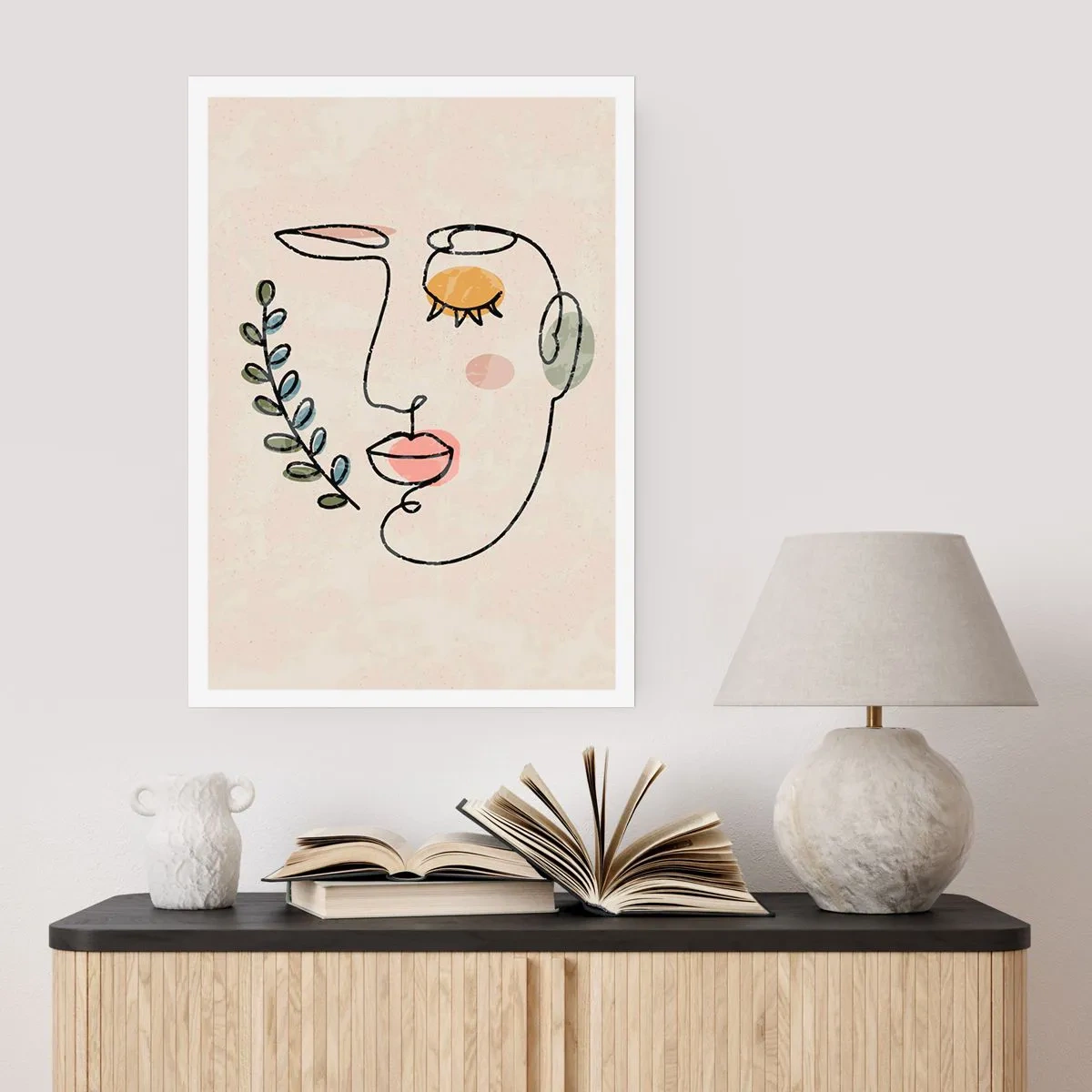 Plakat - Minimalistyczna linia portretu kobiety na beżowym tle - 50x70cm - Spokój odnaleziony - Nowoczesna dekoracja ścienna do salonu, kuchni i sypialni ARTTOR