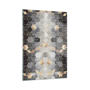 Obraz na szkle - Geometryczny wzór z heksagonów w złotych liniach - 50x70cm - Diamentowa kompozycja - Nowoczesna dekoracja ścienna do salonu, kuchni i sypialni ARTTOR