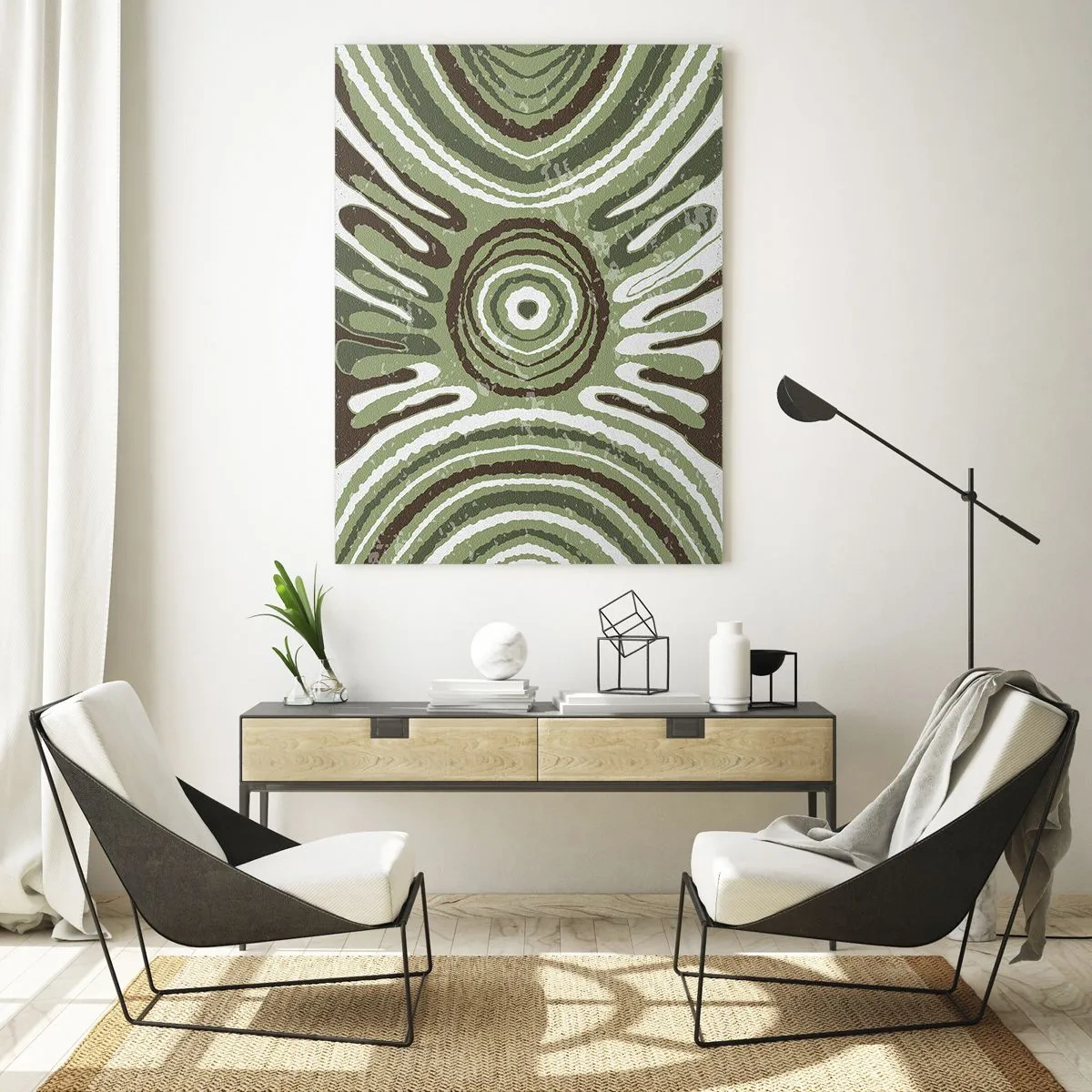 Obraz na szkle - Zielone koncentryczne kręgi i abstrakcyjne linie - 50x70cm - Eksplozja emocji - Nowoczesna dekoracja ścienna do salonu, kuchni i sypialni ARTTOR