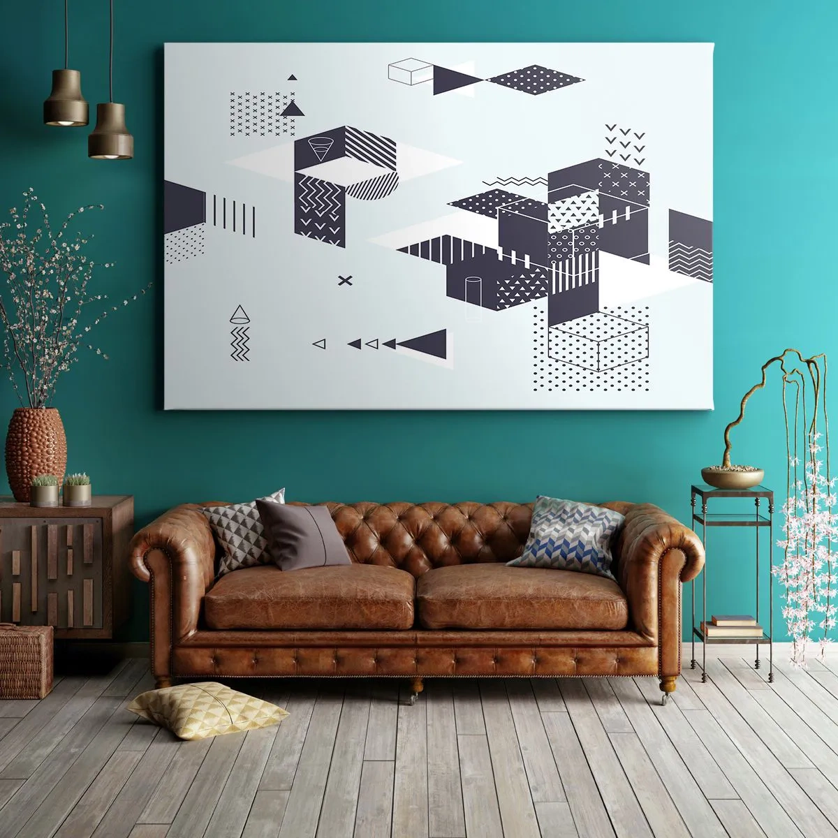Obraz na płótnie - Nowoczesna grafika geometryczna w odcieniach bieli i granatu - 70x50cm - W duszy matematyka - Nowoczesna dekoracja ścienna do salonu i sypialni ARTTOR