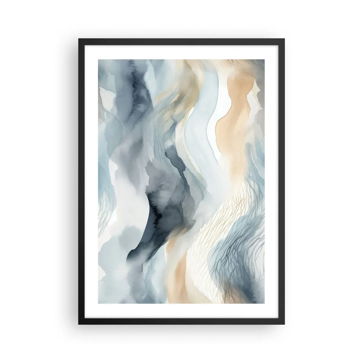 Plakat w czarnej ramie - Abstrakcyjne fale w odcieniach beżu i granatu - 50x70cm - Abstrakcja śnieżna i mglista - Nowoczesna dekoracja ścienna do salonu i sypialni ARTTOR