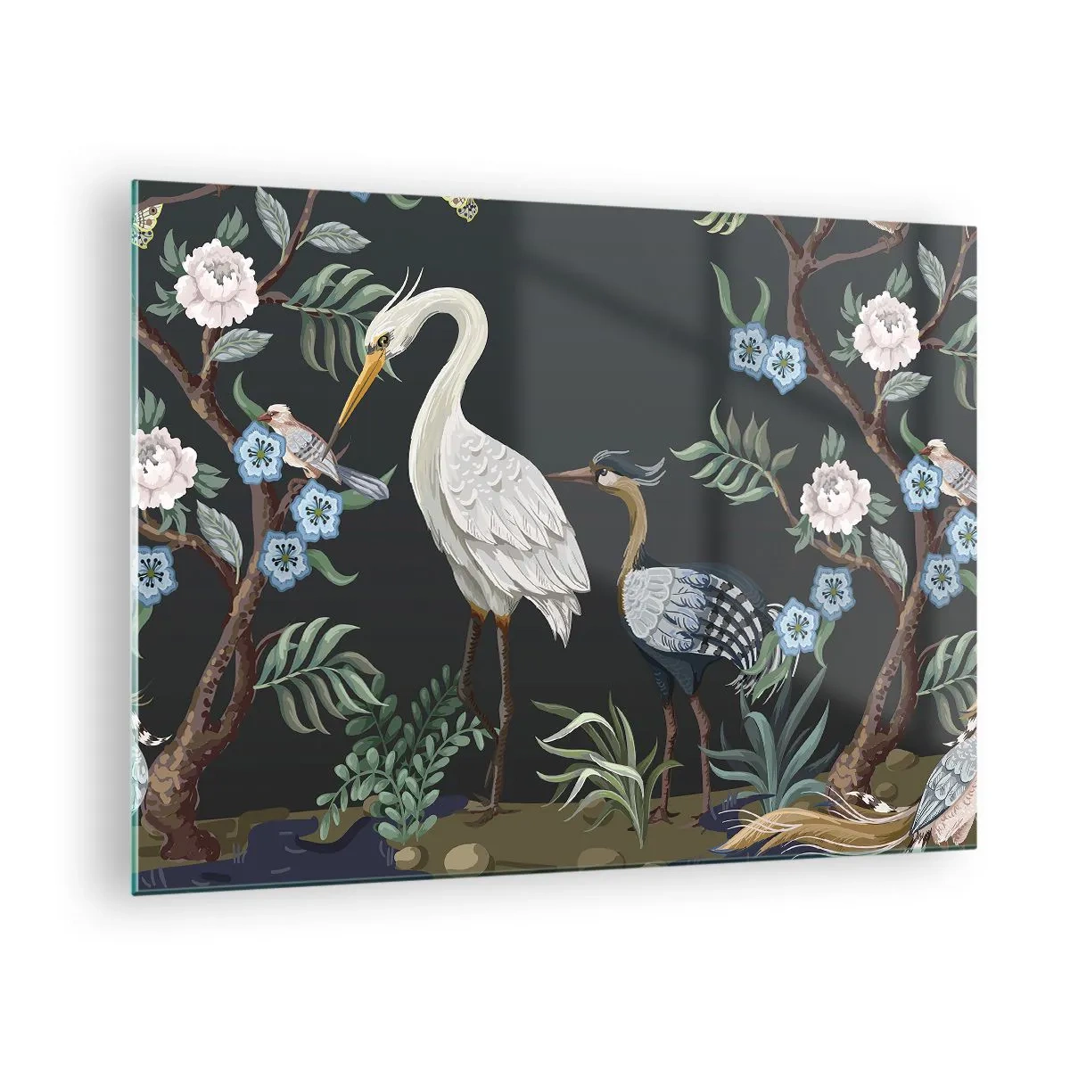 Obraz na szkle - Kolorowe ptaki wśród kwitnących gałęzi na ciemnym tle - 70x50cm - Ptasia parada - Nowoczesna dekoracja ścienna do salonu i sypialni ARTTOR