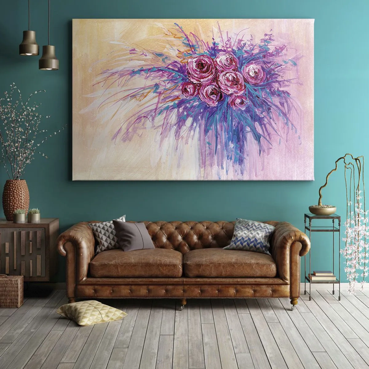 Obraz na płótnie - Bukiet róż w pastelowych barwach - 70x50cm - Różana fontanna - Nowoczesna dekoracja ścienna do salonu i sypialni ARTTOR