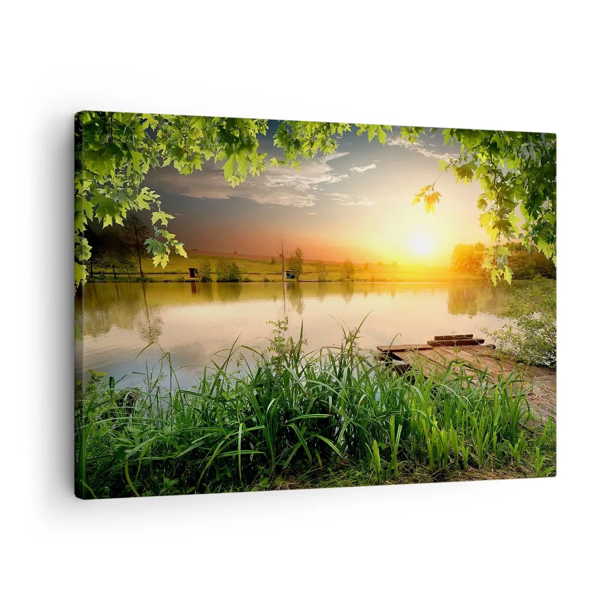 Obraz na płótnie - Zielony krajobraz z jeziorem o zachodzie słońca - 70x50cm - Pejzaż w zielonej ramie - Nowoczesna dekoracja ścienna do salonu i sypialni ARTTOR