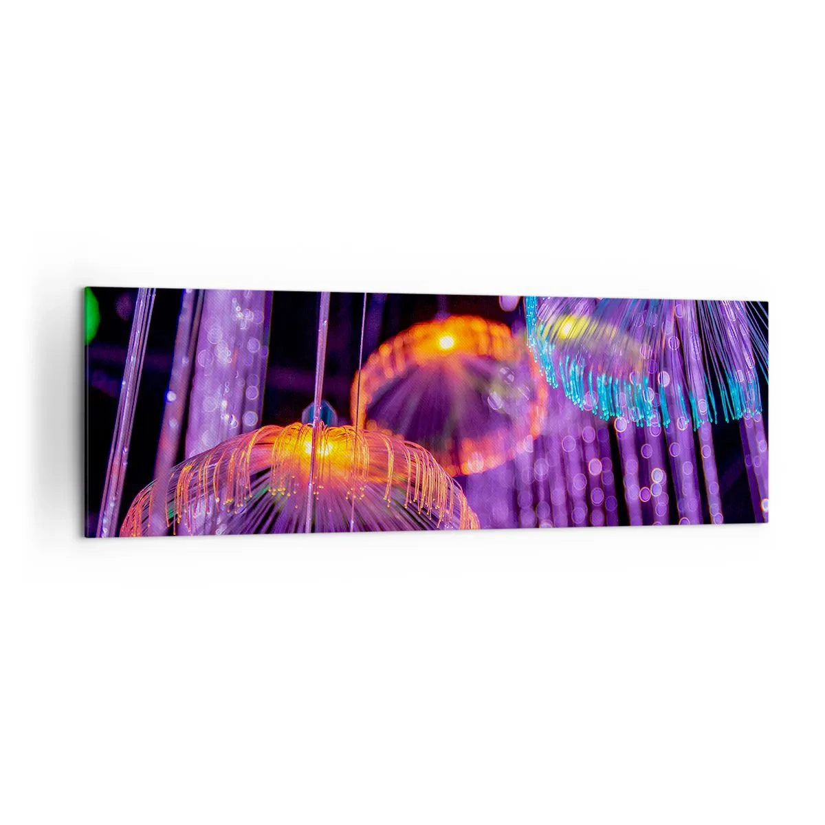 Obraz na płótnie - Kolorowe świetlne meduzy w ciemnym otoczeniu - 160x50cm - Świetlna fontanna - Nowoczesna dekoracja ścienna do salonu i sypialni ARTTOR