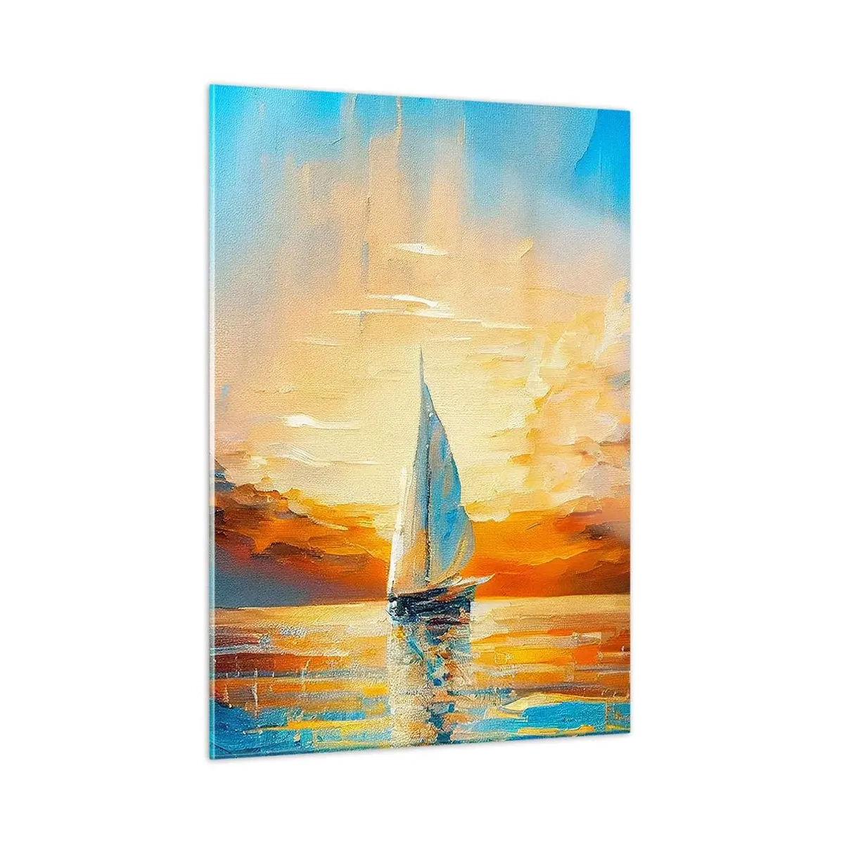 Obraz na szkle - Żaglówka na morzu w świetle zachodzącego słońca - 50x70cm - Żegluga w złocie - Nowoczesna dekoracja ścienna do salonu, kuchni i sypialni ARTTOR