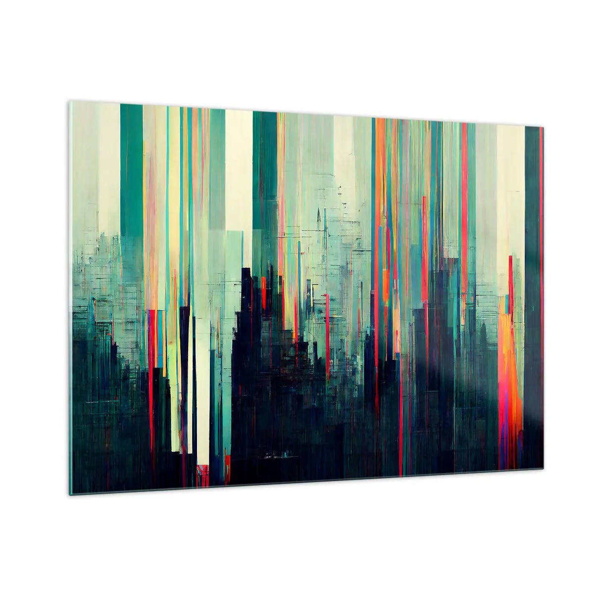 Obraz na szkle - Pionowe kolorowe linie tworzące zarys futurystycznej metropolii - 100x70cm - Futurystyczne miasto - Nowoczesna dekoracja ścienna do salonu, kuchni i sypialni ARTTOR