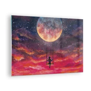 Obraz na szkle - Dziewczynka na huśtawce zawieszonej pod księżycem - 70x50cm - Bujać w obłokach - Nowoczesna dekoracja ścienna do salonu i sypialni ARTTOR