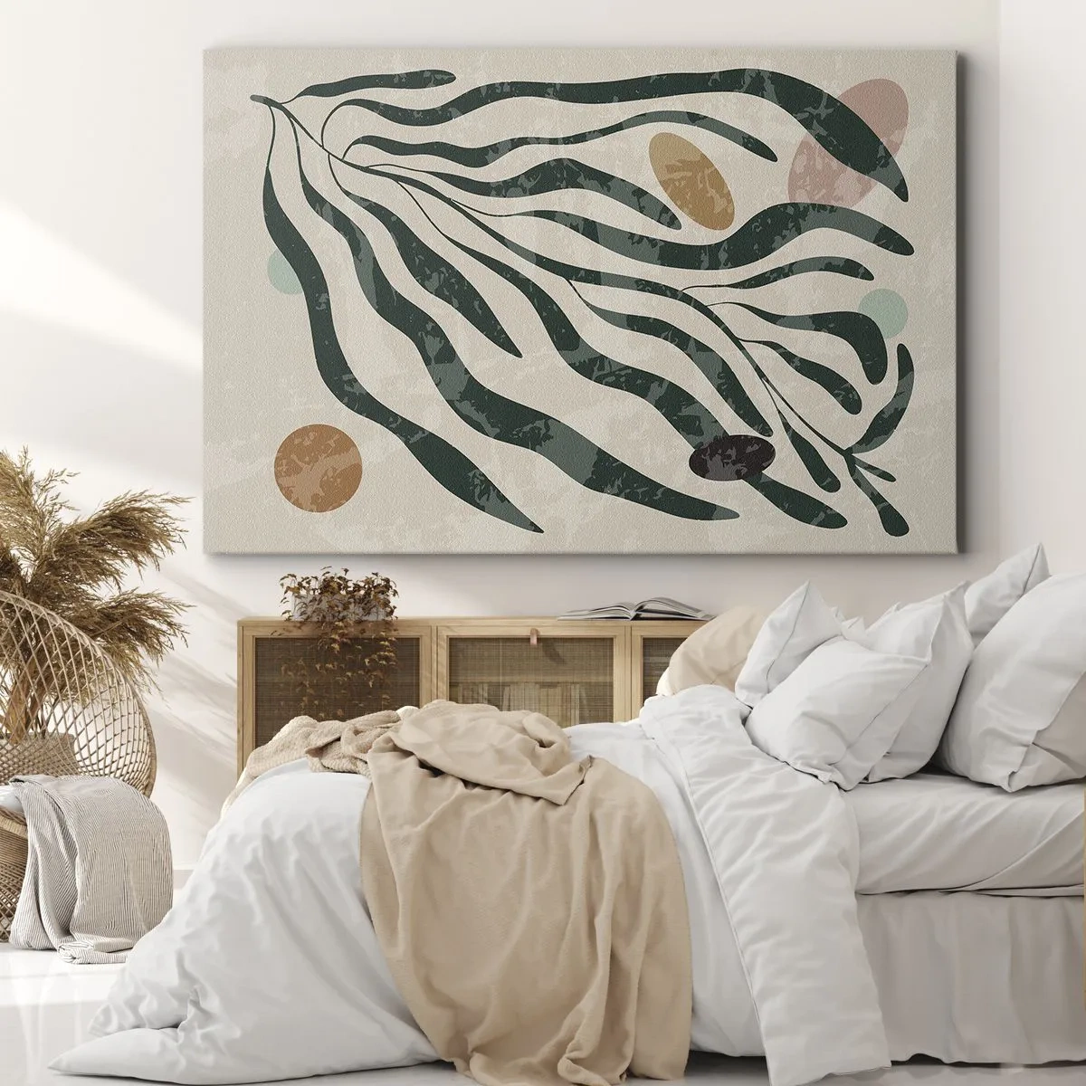 Obraz na płótnie - Organiczne linie i kształty w zieleni i beżu - 70x50cm - Pośród zieleni - Nowoczesna dekoracja ścienna do salonu i sypialni ARTTOR