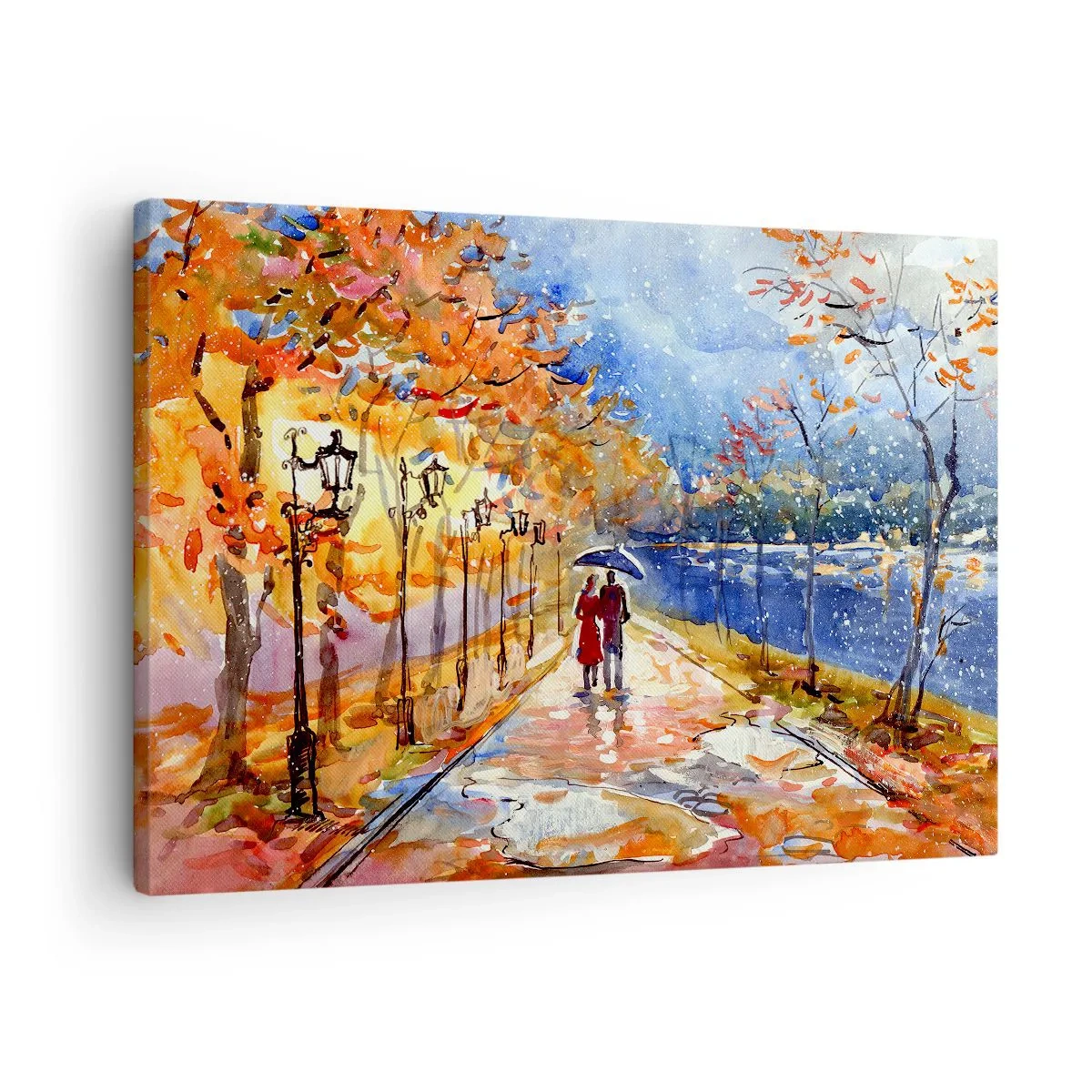 Obraz na płótnie - Jesienny spacer w parku nad brzegiem rzeki pod parasolem - 70x50cm - Razem do granicy czasu - Nowoczesna dekoracja ścienna do salonu i sypialni ARTTOR