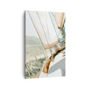 Obraz na płótnie - Jacht na otwartym morzu z widokiem na góry - 80x120cm - Pod pełnymi żaglami - Nowoczesna dekoracja ścienna do salonu i sypialni ARTTOR