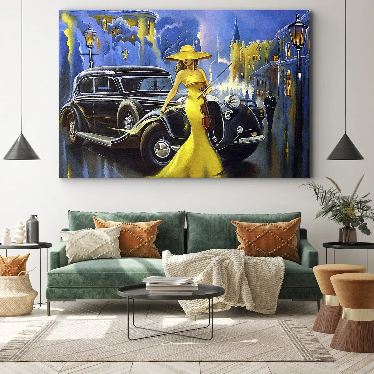 Obraz na płótnie - Kobieta w żółtej sukni z skrzypcami przy retro samochodzie - 70x50cm - Nokturn na skrzypce i miłość - Nowoczesna dekoracja ścienna do salonu i sypialni ARTTOR