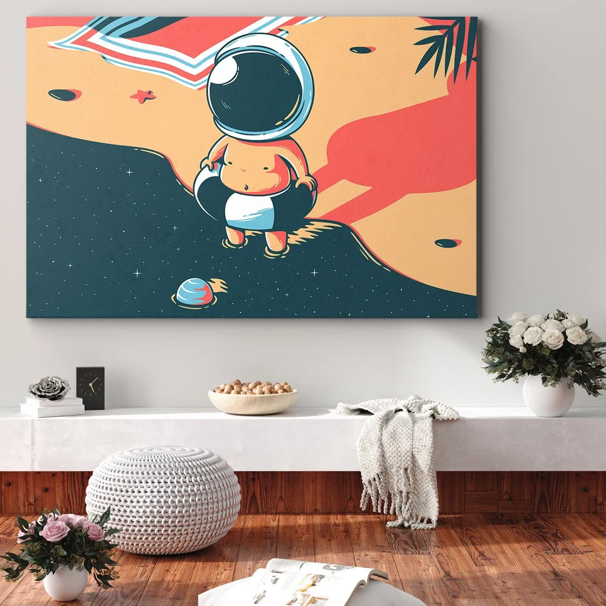 Obraz na płótnie - Zabawny astronauta na plaży z kosmicznymi elementami w tle - 70x50cm - Z innej perspektywy - Nowoczesna dekoracja ścienna do salonu i sypialni ARTTOR