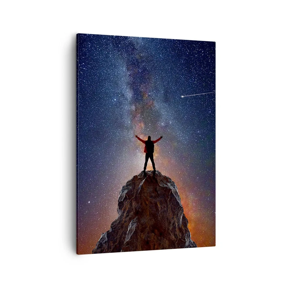 Obraz na płótnie - Sylwetka osoby na szczycie skały pod rozgwieżdżonym niebem - 50x70cm - Moc jest ze mną! - Nowoczesna dekoracja ścienna do salonu, kuchni i sypialni ARTTOR