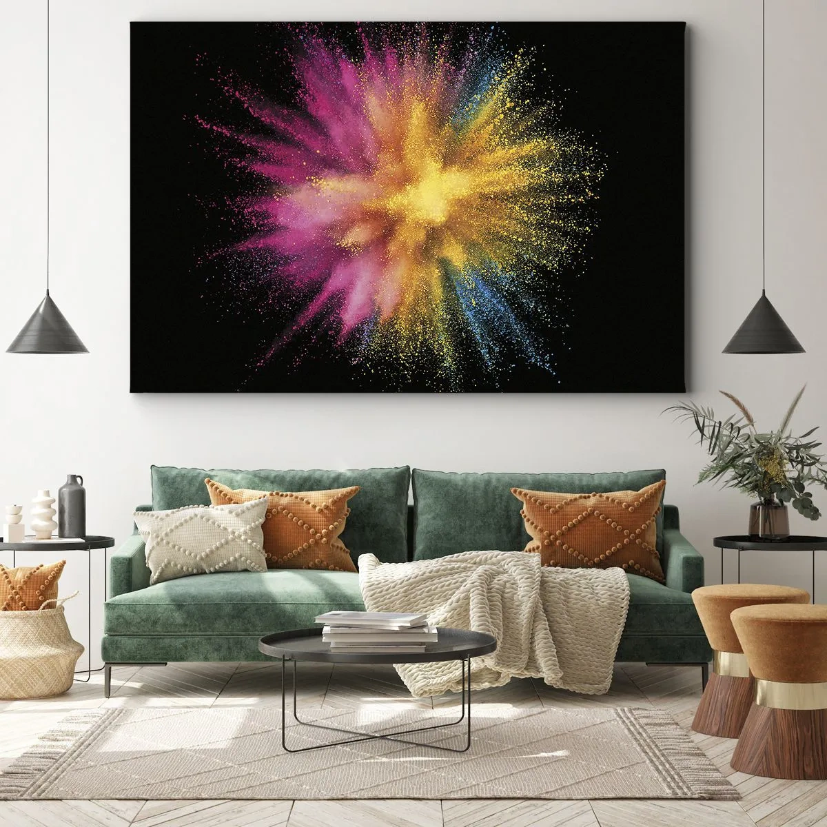 Obraz na płótnie - Kolorowy wybuch proszków na czarnym tle - 70x50cm - Narodziny barw - Nowoczesna dekoracja ścienna do salonu i sypialni ARTTOR