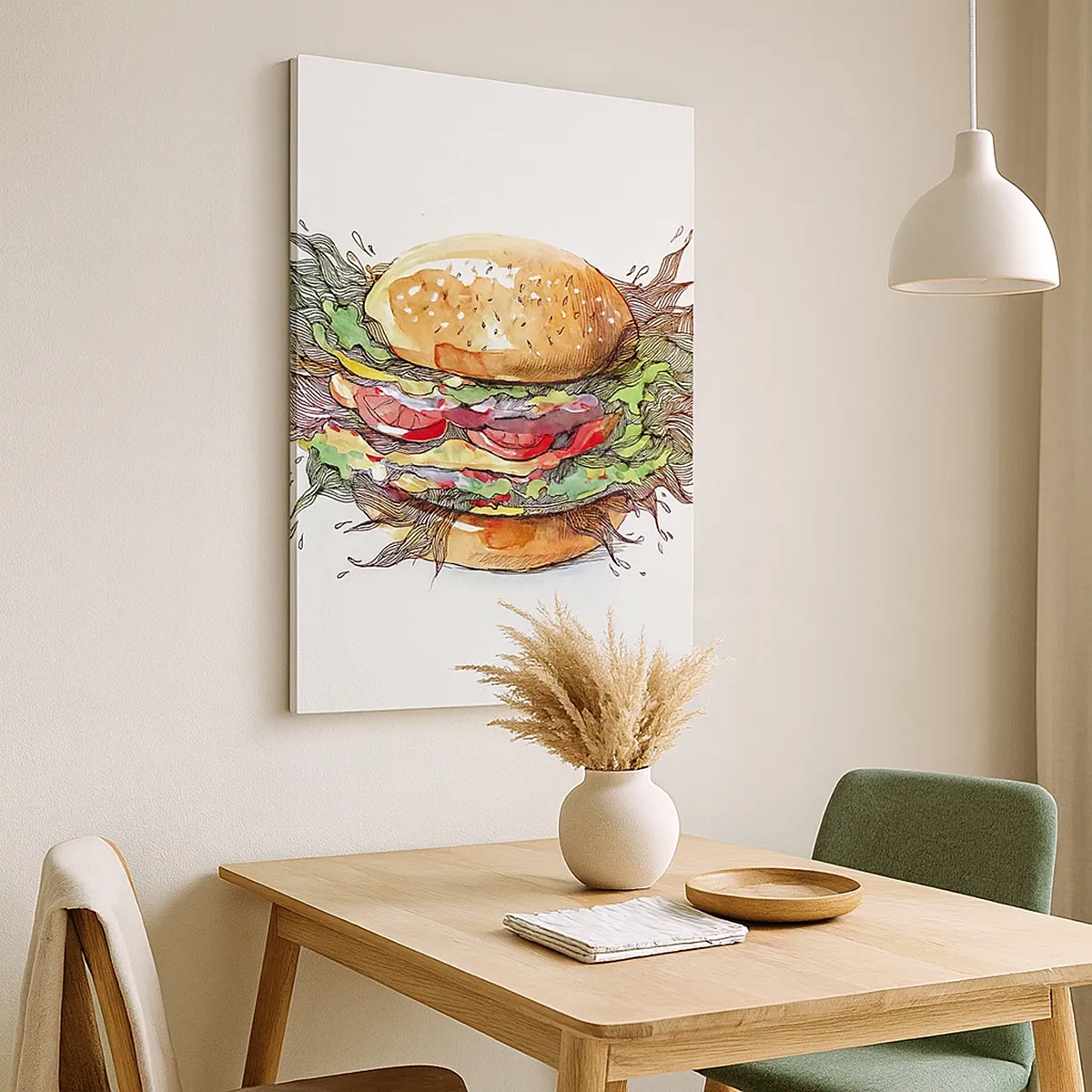Obraz na płótnie - Hamburger z sałatą, pomidorem i bułką sezamową - 50x70cm - Gorąca pokusa - Nowoczesna dekoracja ścienna do salonu, kuchni i sypialni ARTTOR