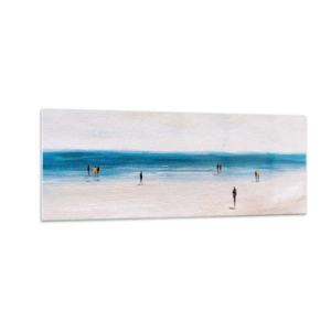 Obraz na szkle - Plaża z ludźmi na tle spokojnego morza - 140x50cm - Naturalna potrzeba - Nowoczesna dekoracja ścienna do salonu i sypialni ARTTOR