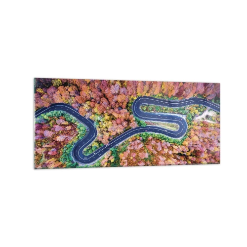 Obraz na szkle - Kręta droga w jesiennym lesie widziana z lotu ptaka - 120x50cm - Krętą drogą poprzez las - Nowoczesna dekoracja ścienna do salonu i sypialni ARTTOR