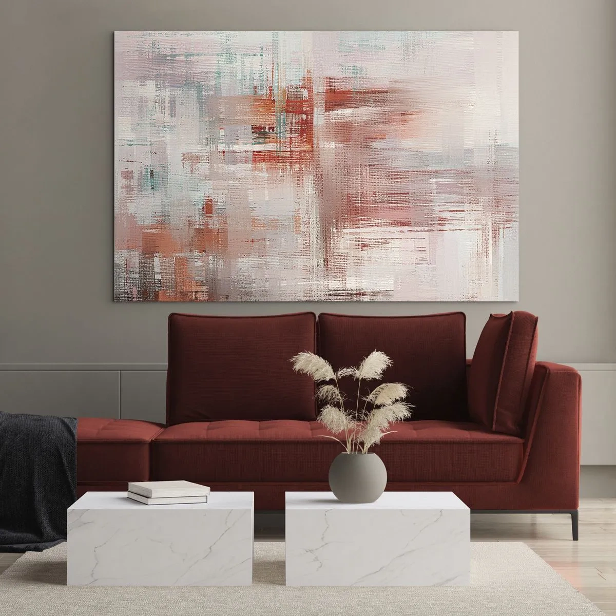 Obraz na szkle - Abstrakcyjna kompozycja w odcieniach czerwieni i beżu - 70x50cm - Zamglone. Ale różowe - Nowoczesna dekoracja ścienna do salonu i sypialni ARTTOR