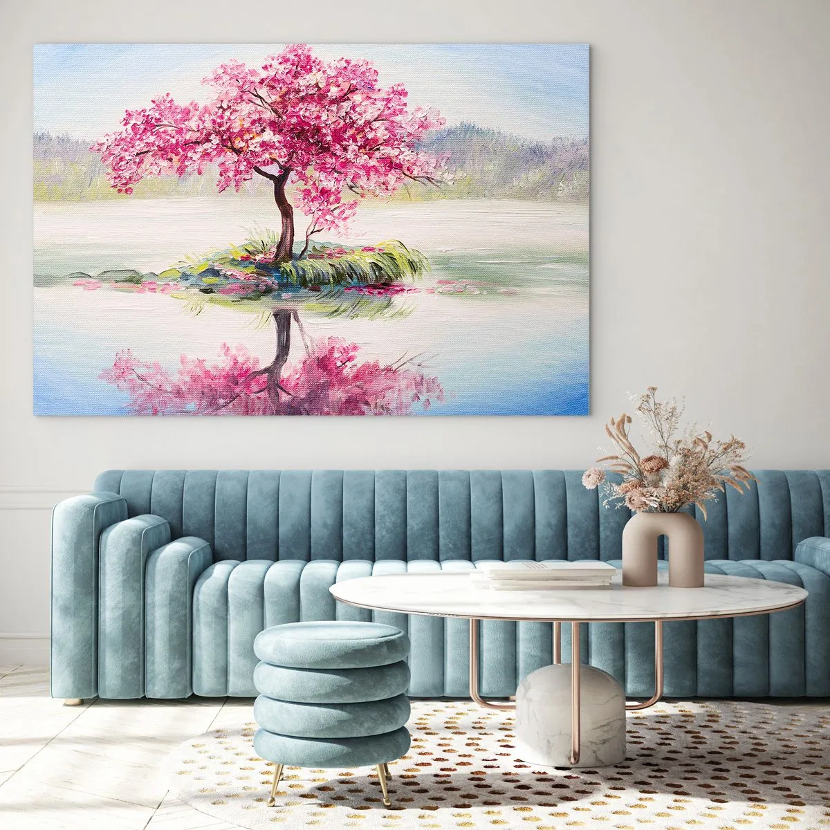 Obraz na szkle - Różowe drzewo na wyspie odbijające się w spokojnej wodzie - 70x50cm - Święto wiosny - Nowoczesna dekoracja ścienna do salonu i sypialni ARTTOR