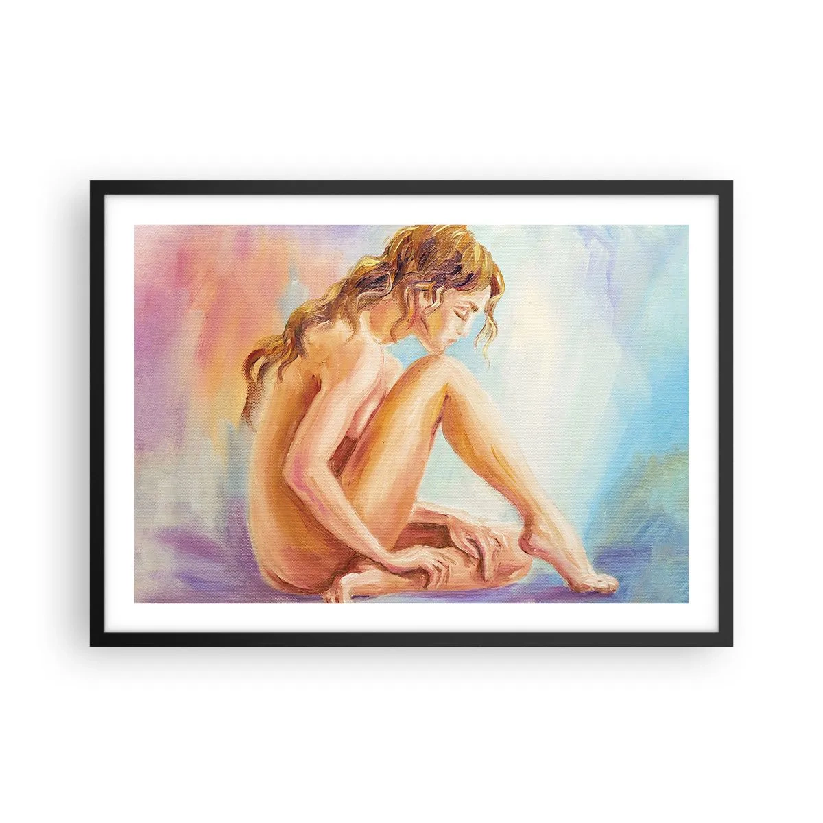 Plakat w czarnej ramie - Delikatna postać kobiety na pastelowym tle - 70x50cm - Akt młodości - Nowoczesna dekoracja ścienna do salonu i sypialni ARTTOR