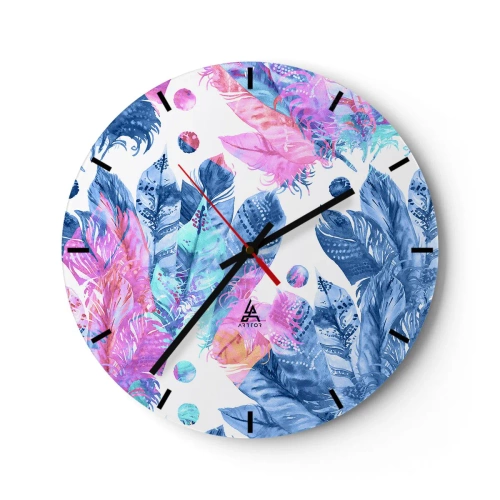 Zegar ścienny - Kolorowe pióra w stylu akwarelowym - 30x30cm - Pióropusze w różu i błękicie - Nowoczesna dekoracja ścienna do salonu, kuchni i sypialni ARTTOR