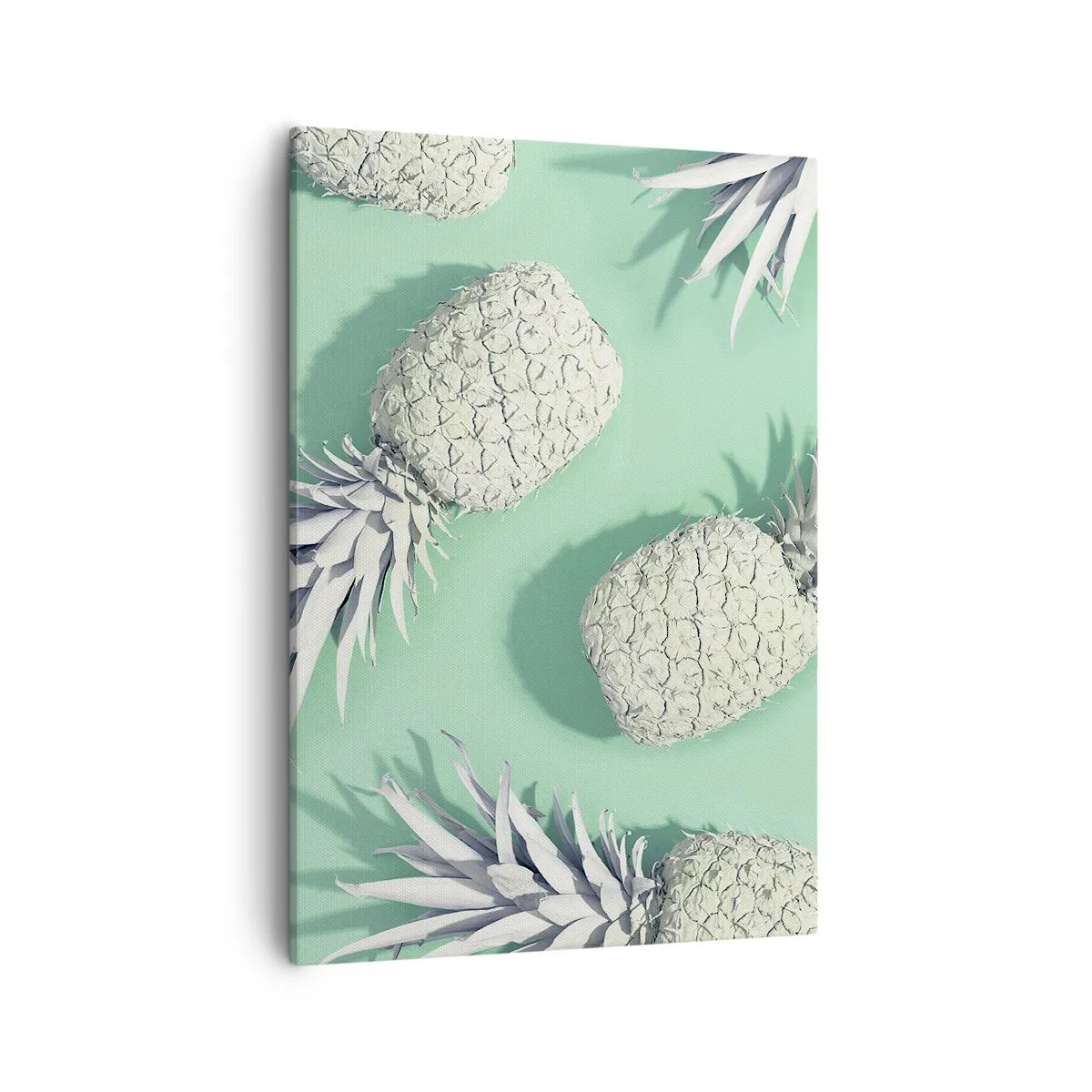 Obraz na płótnie - Białe ananasy na miętowym tle w minimalistycznym stylu - 50x70cm - świetnie komponują się z miętą - Nowoczesna dekoracja ścienna do salonu, kuchni i sypialni ARTTOR