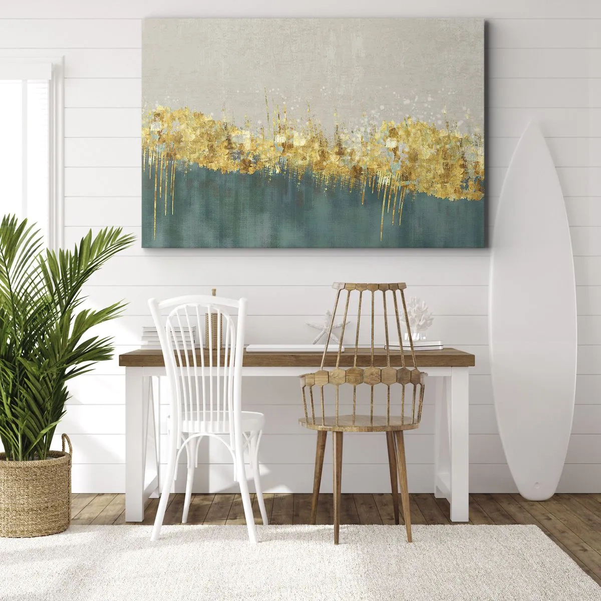 Obraz na płótnie - Złote akcenty na zielono-beżowym tle - 70x50cm - Złota granica - Nowoczesna dekoracja ścienna do salonu i sypialni ARTTOR
