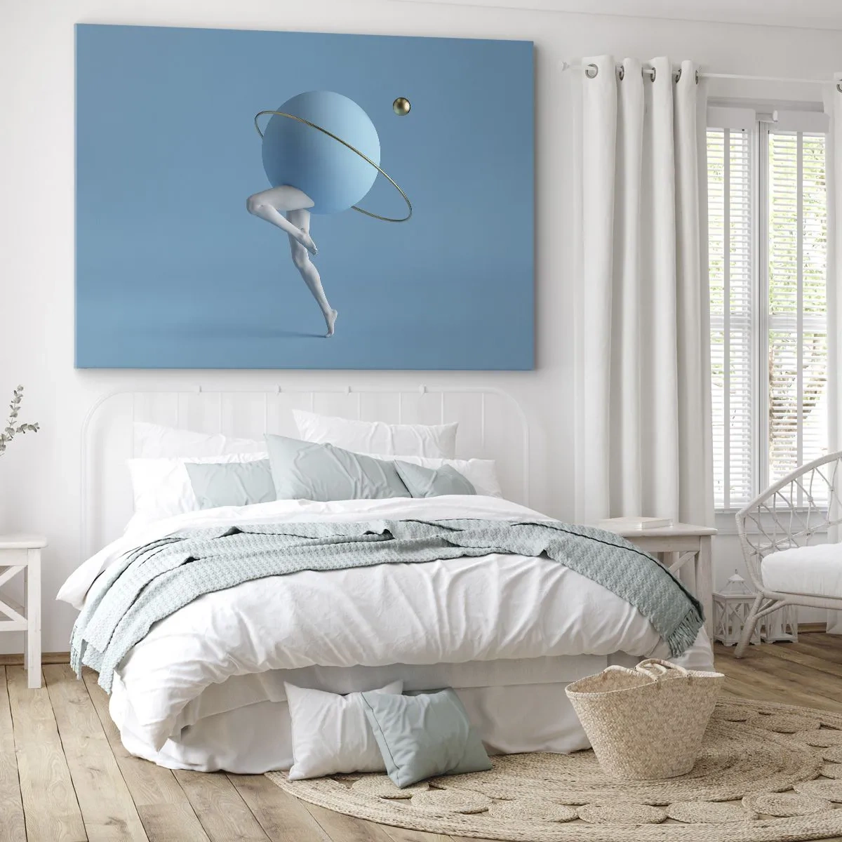 Obraz na płótnie - Niebieska kula z orbitą i ludzkimi nogami na tle nieba - 70x50cm - A planety szaleją - Nowoczesna dekoracja ścienna do salonu i sypialni ARTTOR